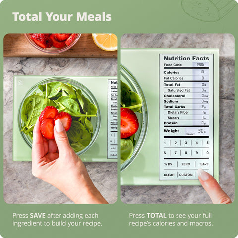 Greater Goods scale weighing a bowl of salad to show tare function and cumulative nutrition
