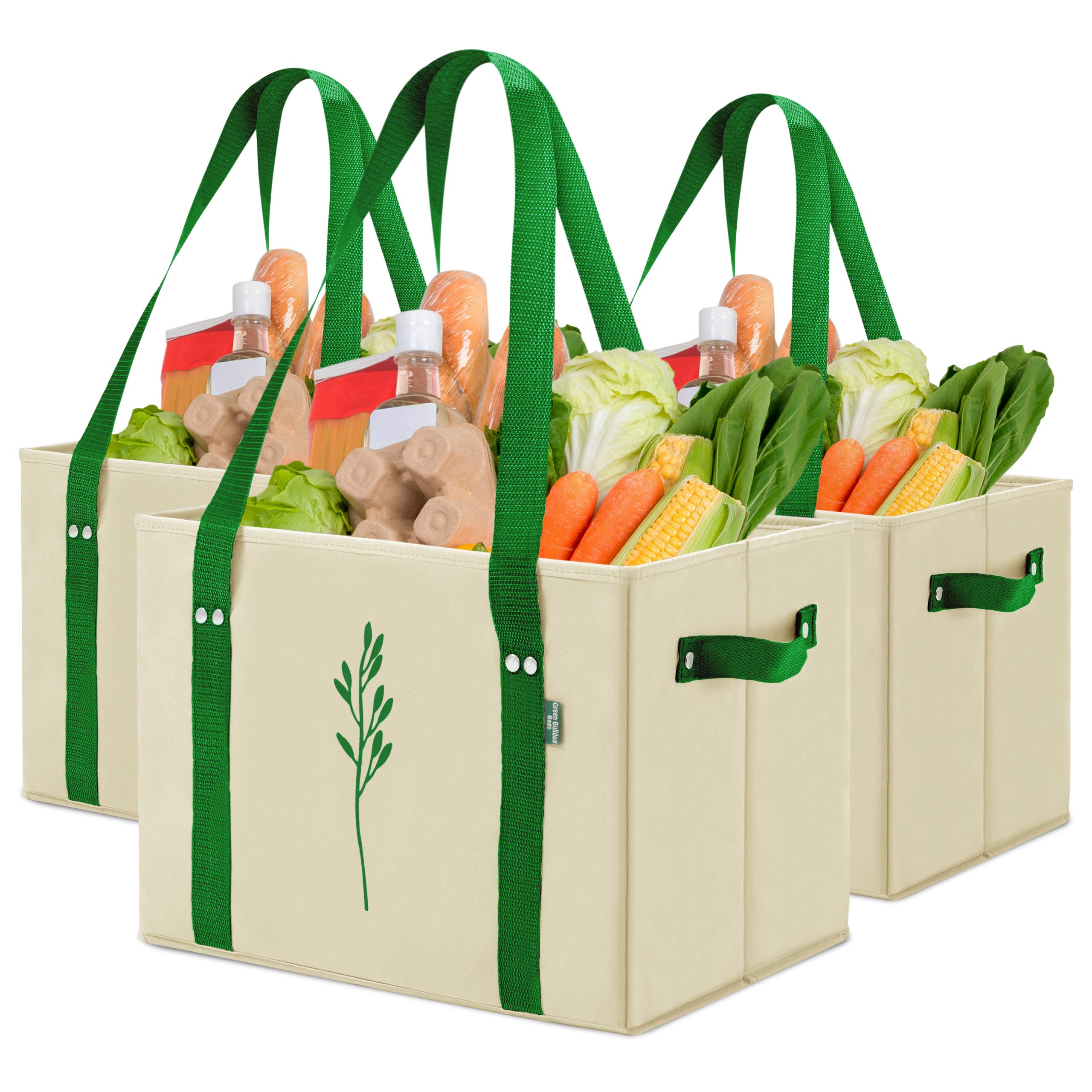 Green Bulldog front view of three beige reusable tote bags showing pack and design benefit