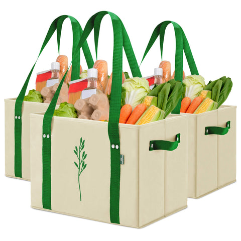 Green Bulldog front view of three beige reusable tote bags showing pack and design benefit