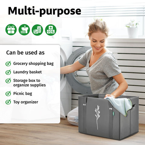 Green Bulldog tote beside groceries showing size and capacity benefit