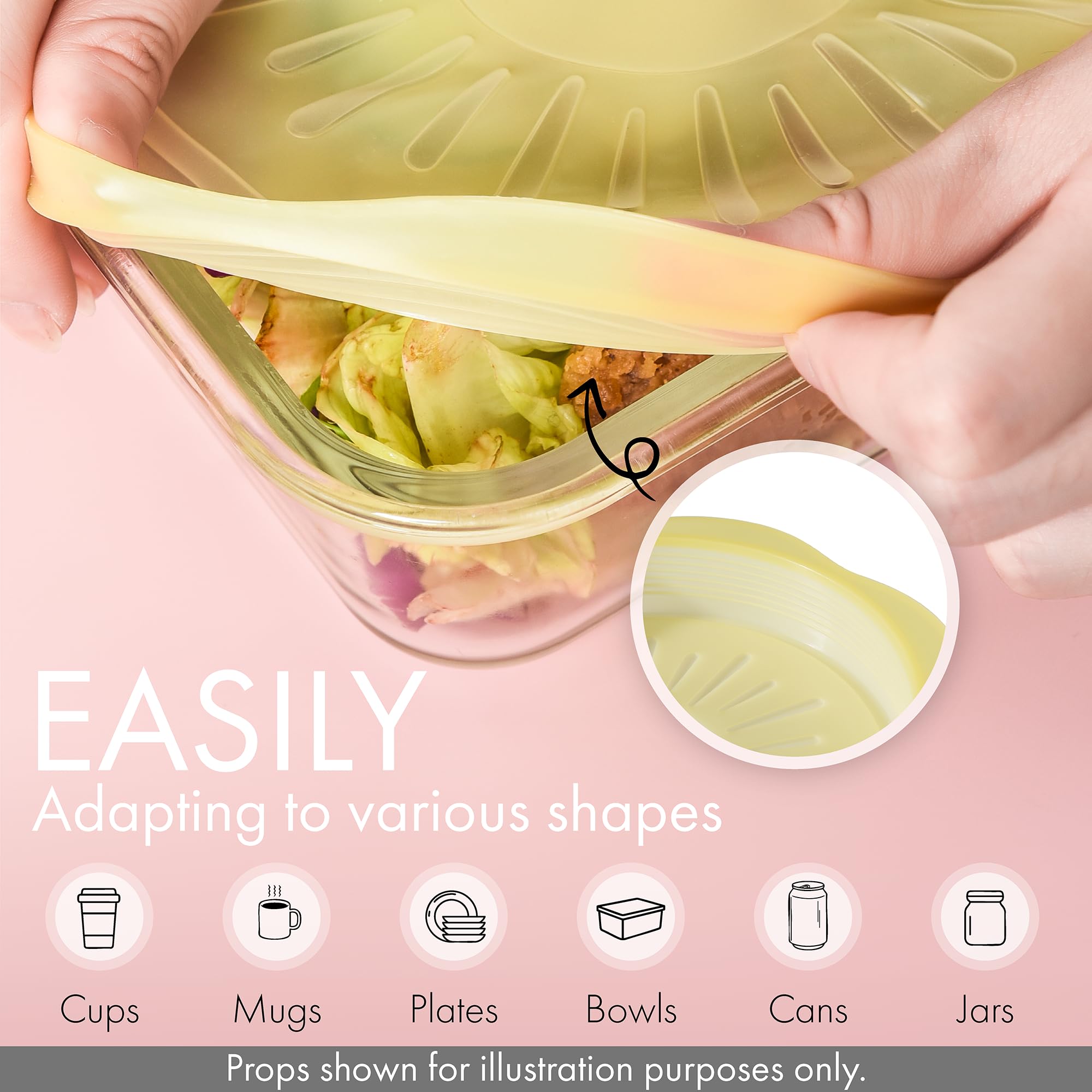 Green Hearth lids stretched over bowls and mugs demonstrating airtight, leak-proof seal