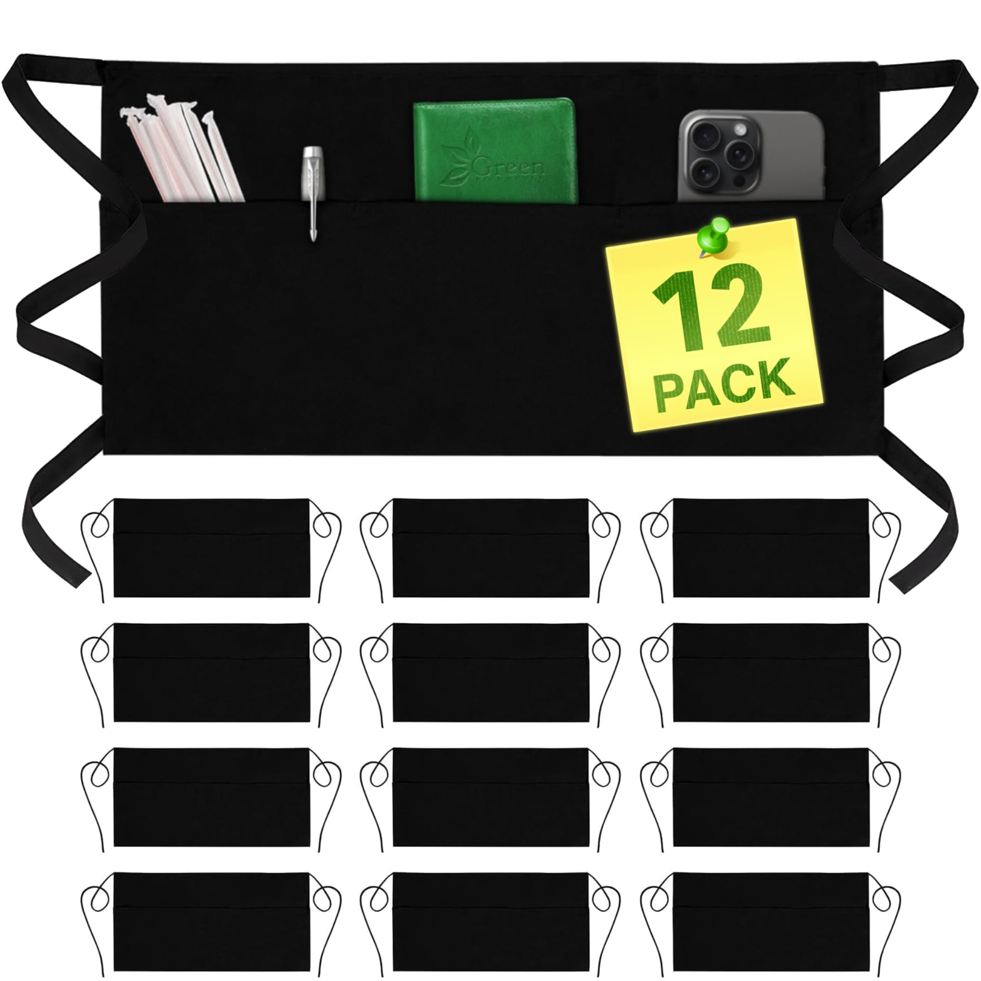 GREEN LIFESTYLE front view of black waist apron showing neat pockets and tidy look
