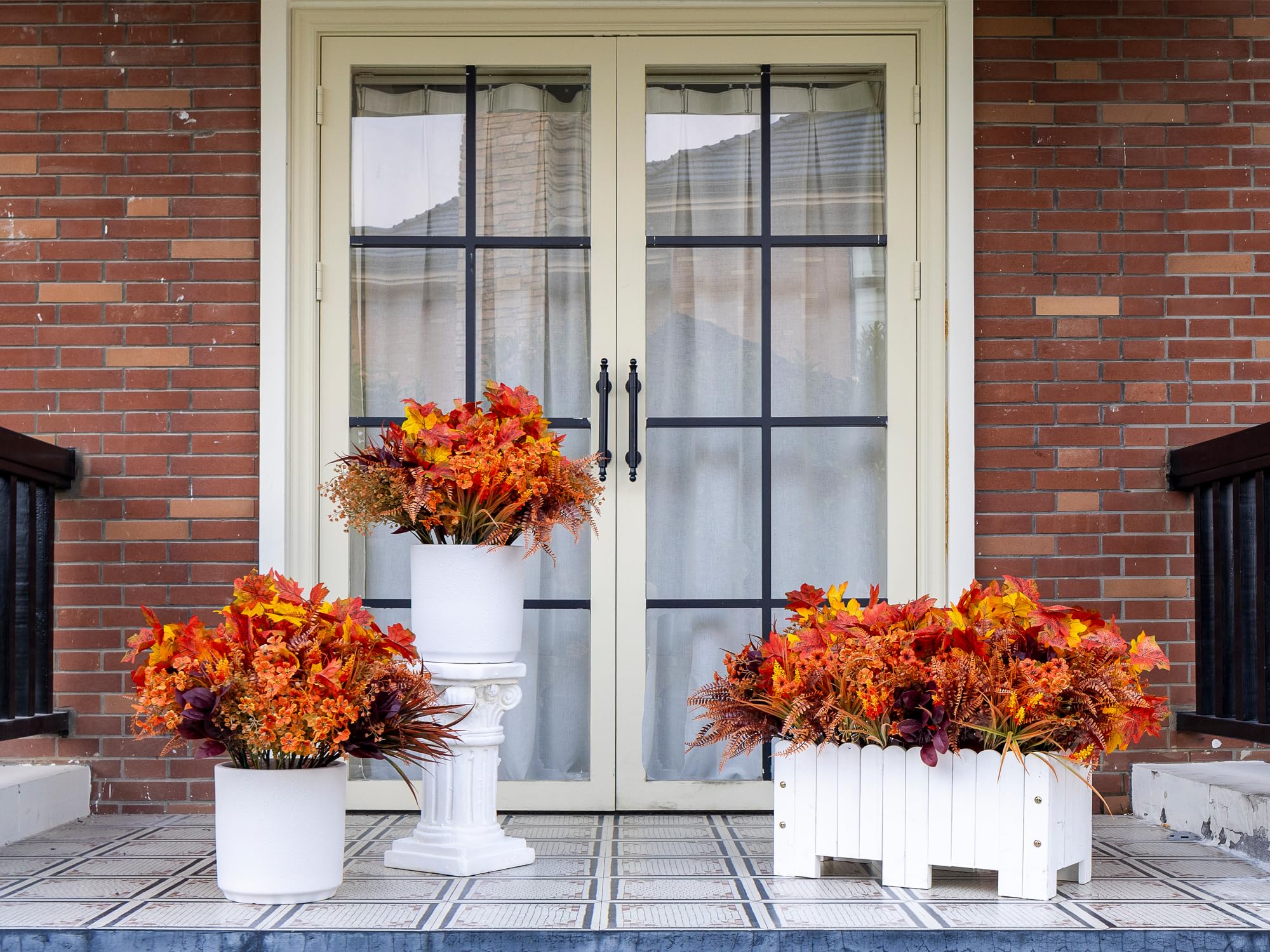 Green Moon porch planter staged with stems giving welcoming seasonal curb appeal