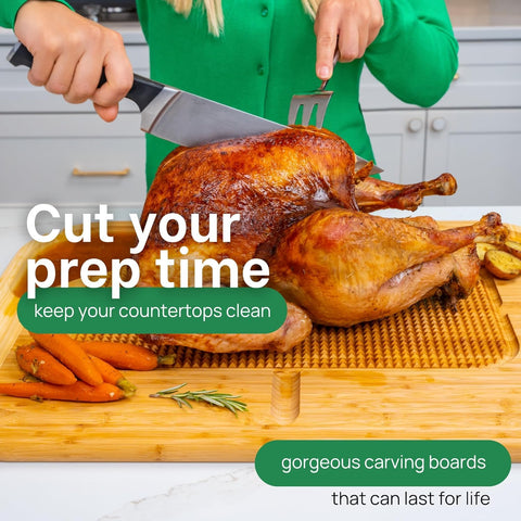 Greener Chef board in use carving a turkey benefit: tidy serving and stable carving