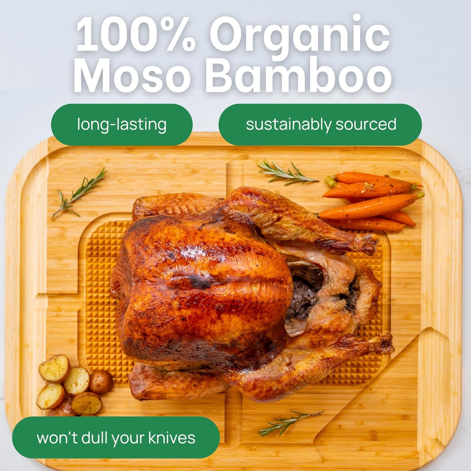 Greener Chef close-up of bamboo grain and two-tone finish benefit: attractive durable surface