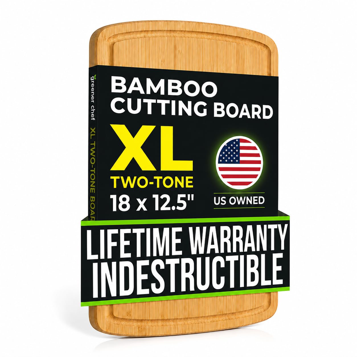 Greener Chef front view of the XL bamboo board showing size and finish
