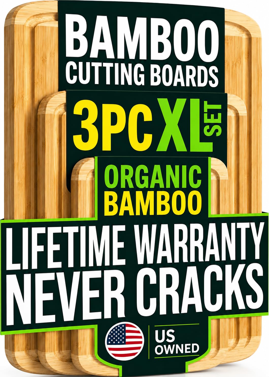 Greener Chef front packaging showing XL bamboo board set and eco benefits