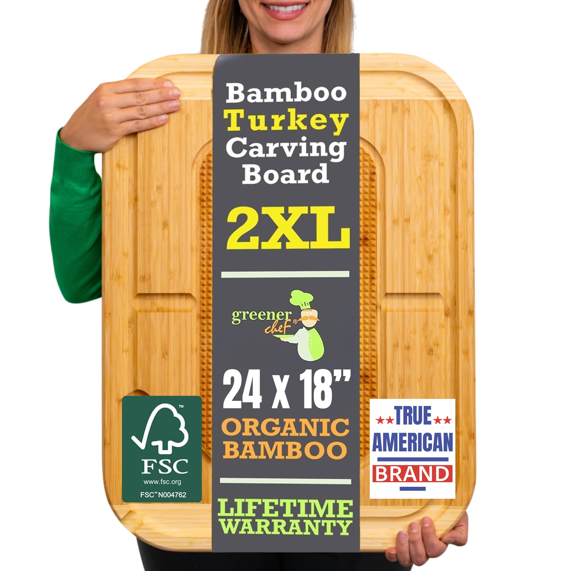 Greener Chef front view of 2XL carving board showing full surface and edges benefit: large carving area