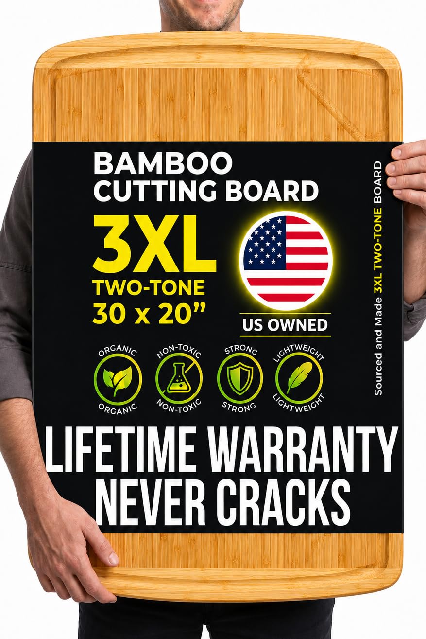 Greener Chef front view of extra-large bamboo board showing roomy surface and stability