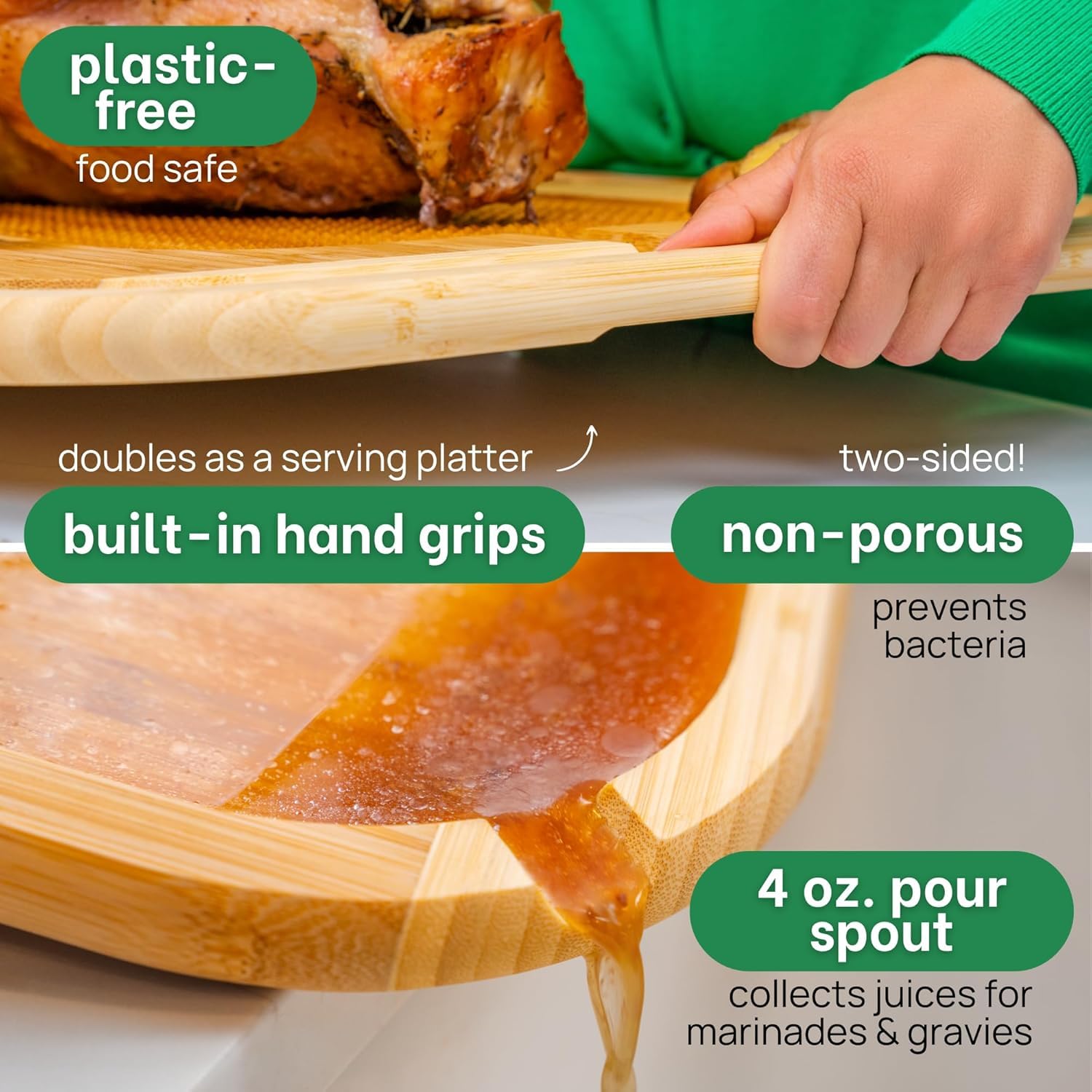 Greener Chef juice groove and pour spout close-up benefit: captures drippings for easy transfer
