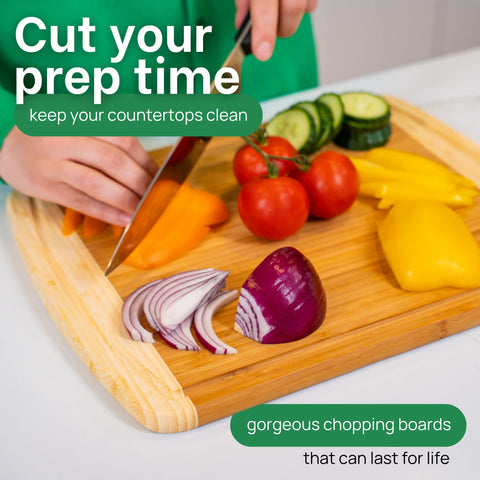 Greener Chef board beside a chef knife demonstrating 15-inch scale and handling ease