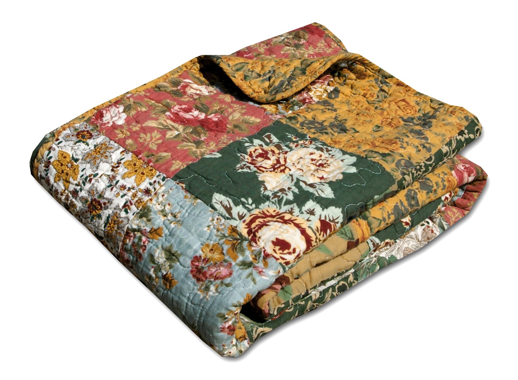 Greenland Home Fashions fabric closeup showing floral and paisley prints, reveals soft cotton finish