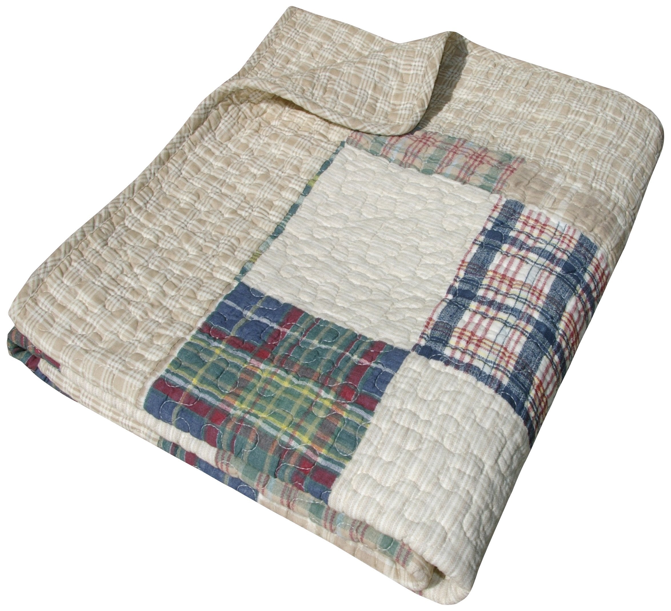 Greenland Home Fashions throw front view showing tan plaid and neat edges, cozy appeal