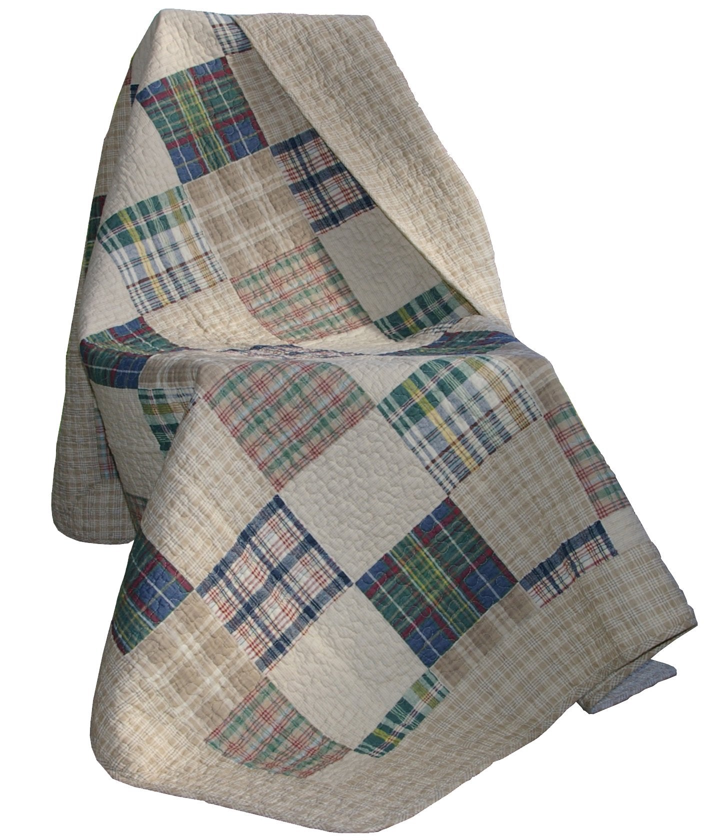 Greenland Home Fashions throw draped on sofa showing reversible plaid and styling benefit