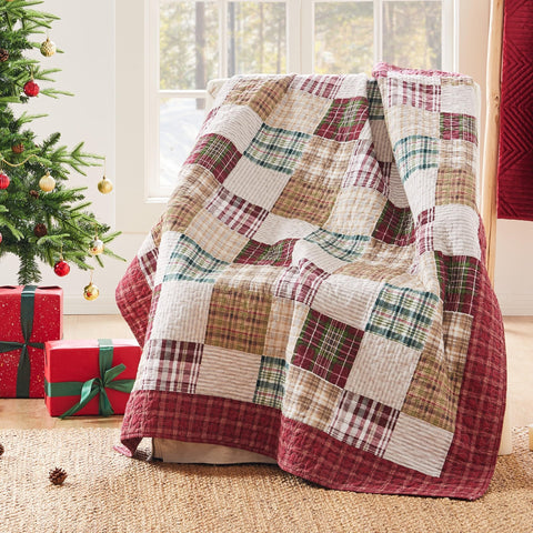 Greenland Home Fashions Oxford throw front view showing red plaid and reversible pattern benefit of versatile styling