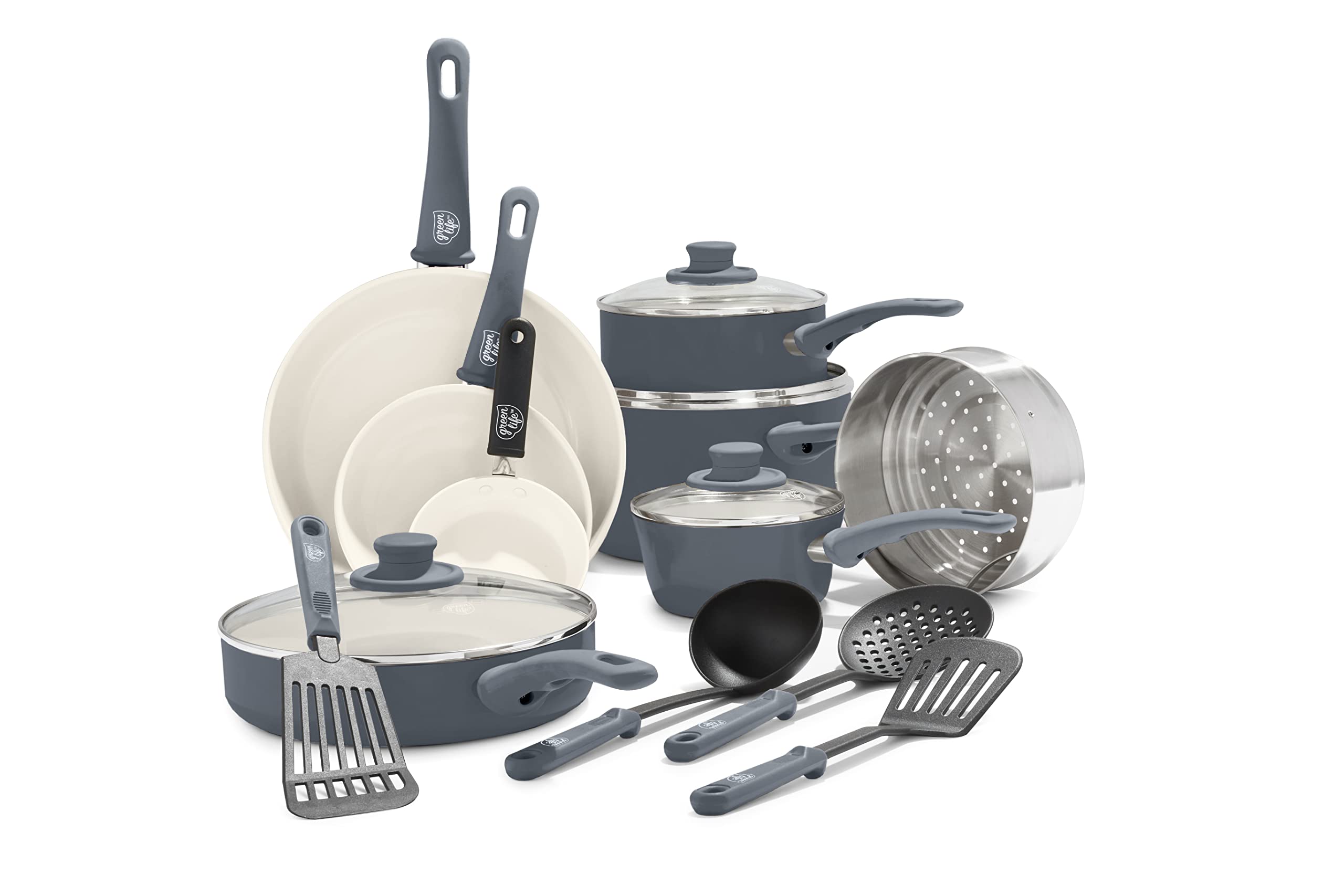 GreenLife 16 piece set front view showing all cookware and utensils, versatile kitchen solution