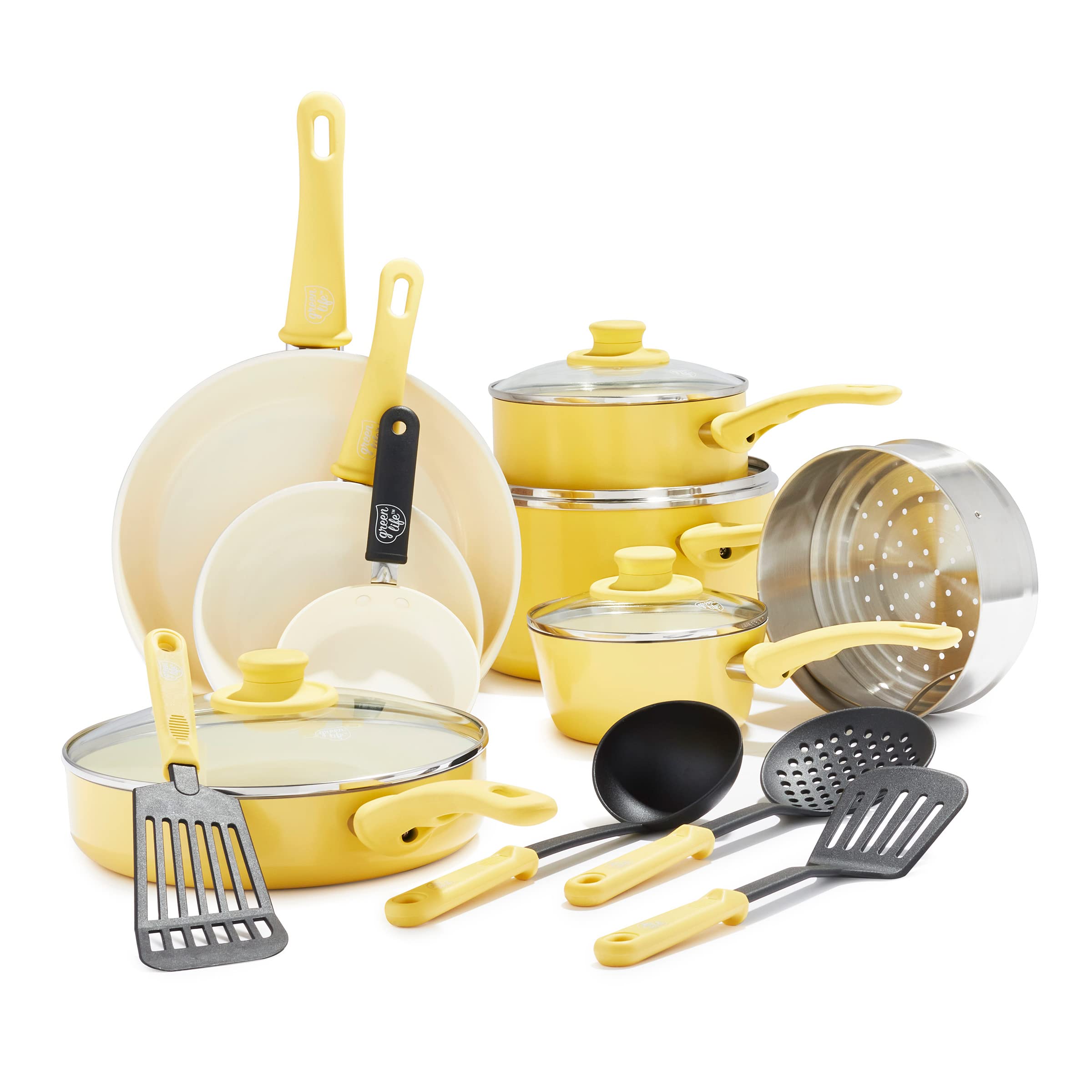 GreenLife full 16-piece set arranged on countertop with organized tools