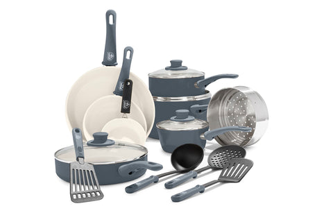 GreenLife 16 piece set front view showing all cookware and utensils, versatile kitchen solution