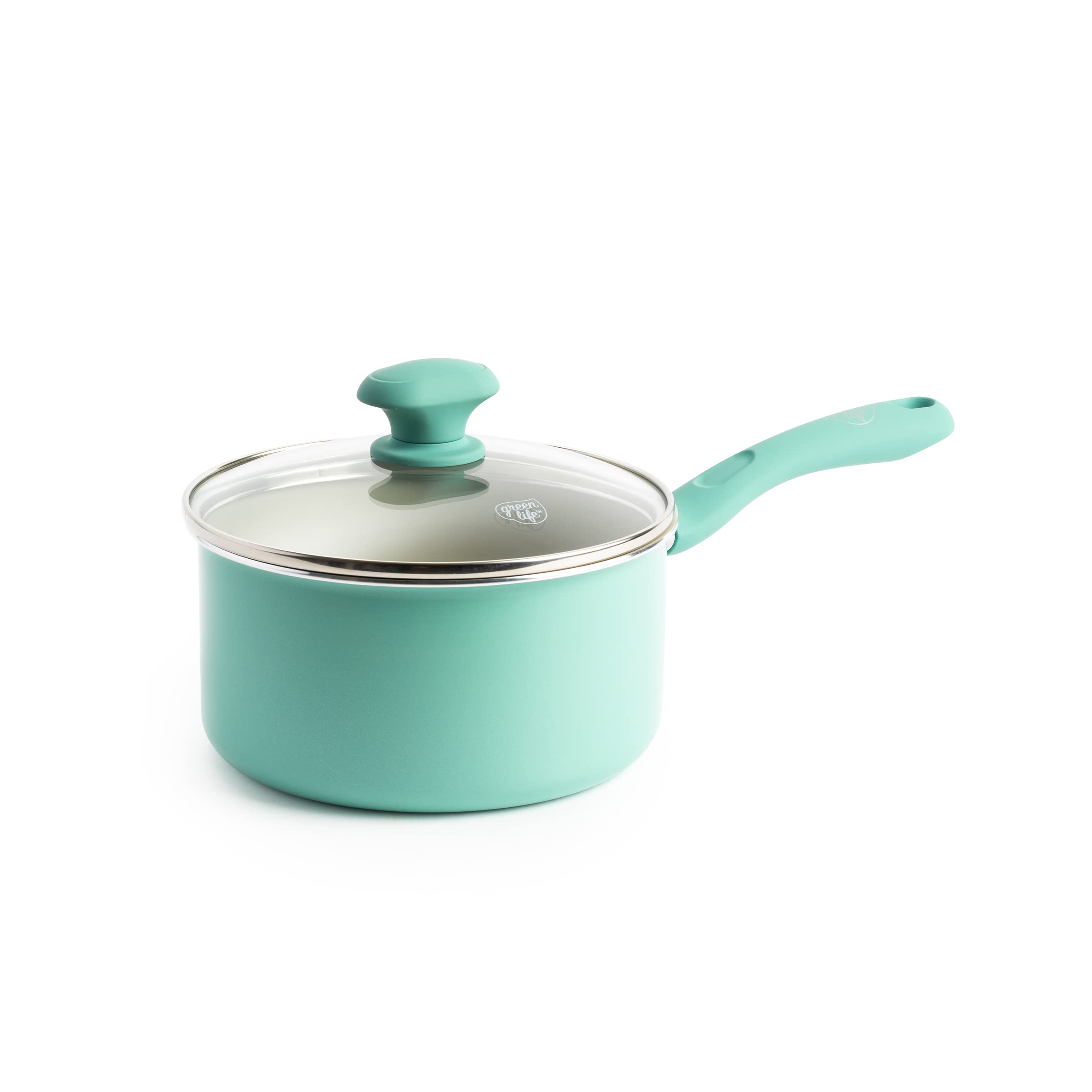 GreenLife 2QT saucepan front view showing turquoise finish and lid, easy cleaning benefit