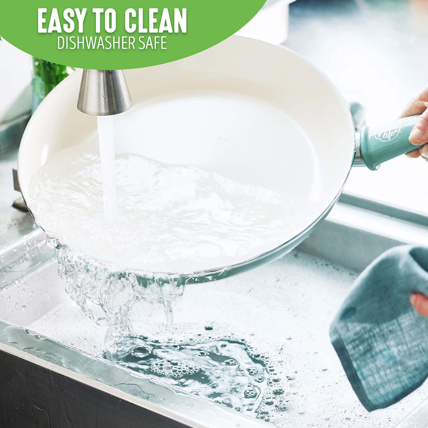 GreenLife skillet loaded into dishwasher showing easy-clean convenience benefit
