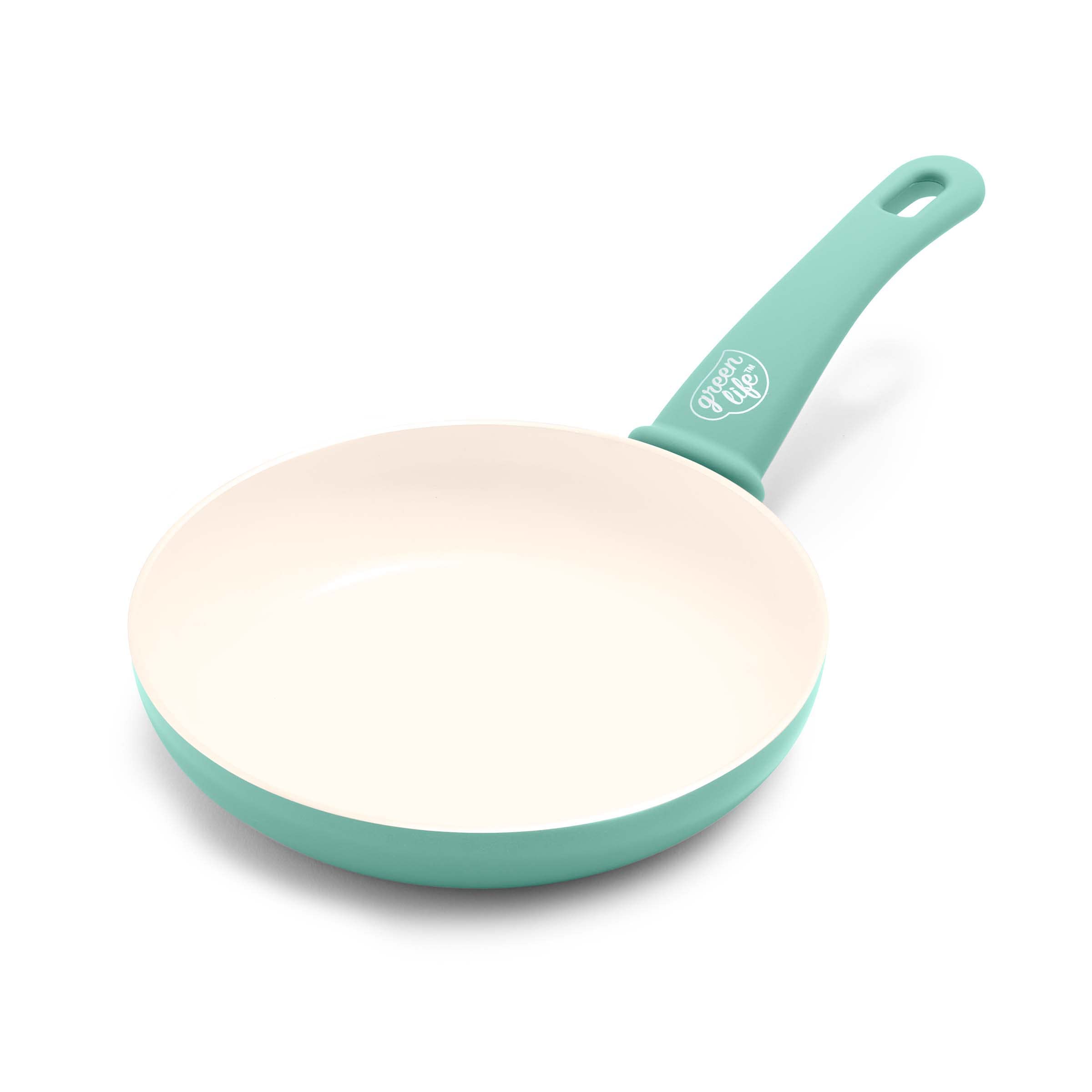 GreenLife 8" turquoise front view showing compact skillet and coating benefit