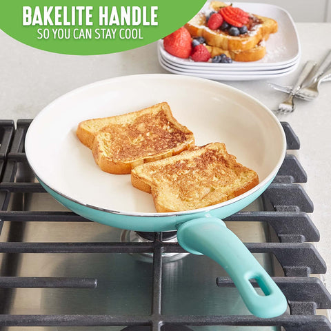 GreenLife skillet beside a dinner plate demonstrating compact size benefit