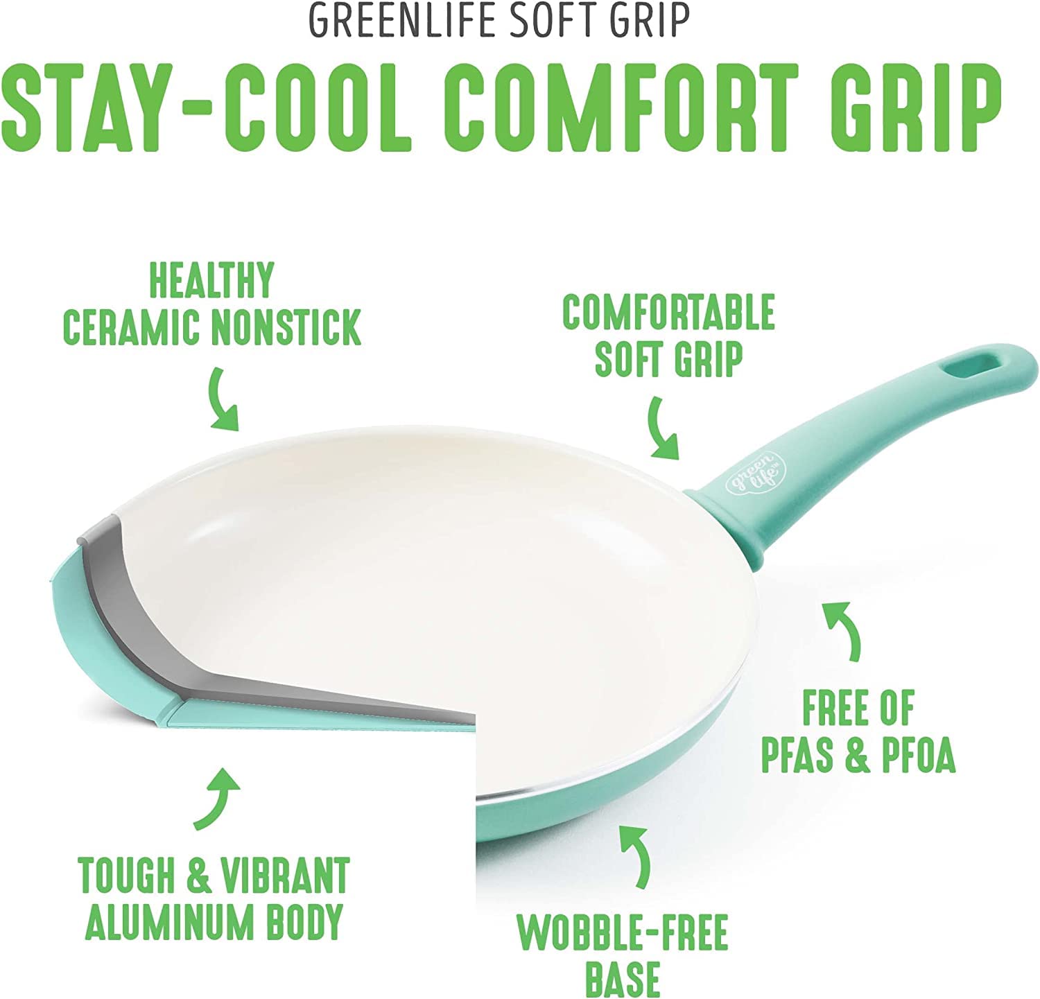 GreenLife stay-cool handle detail conveying comfortable safe grip benefit