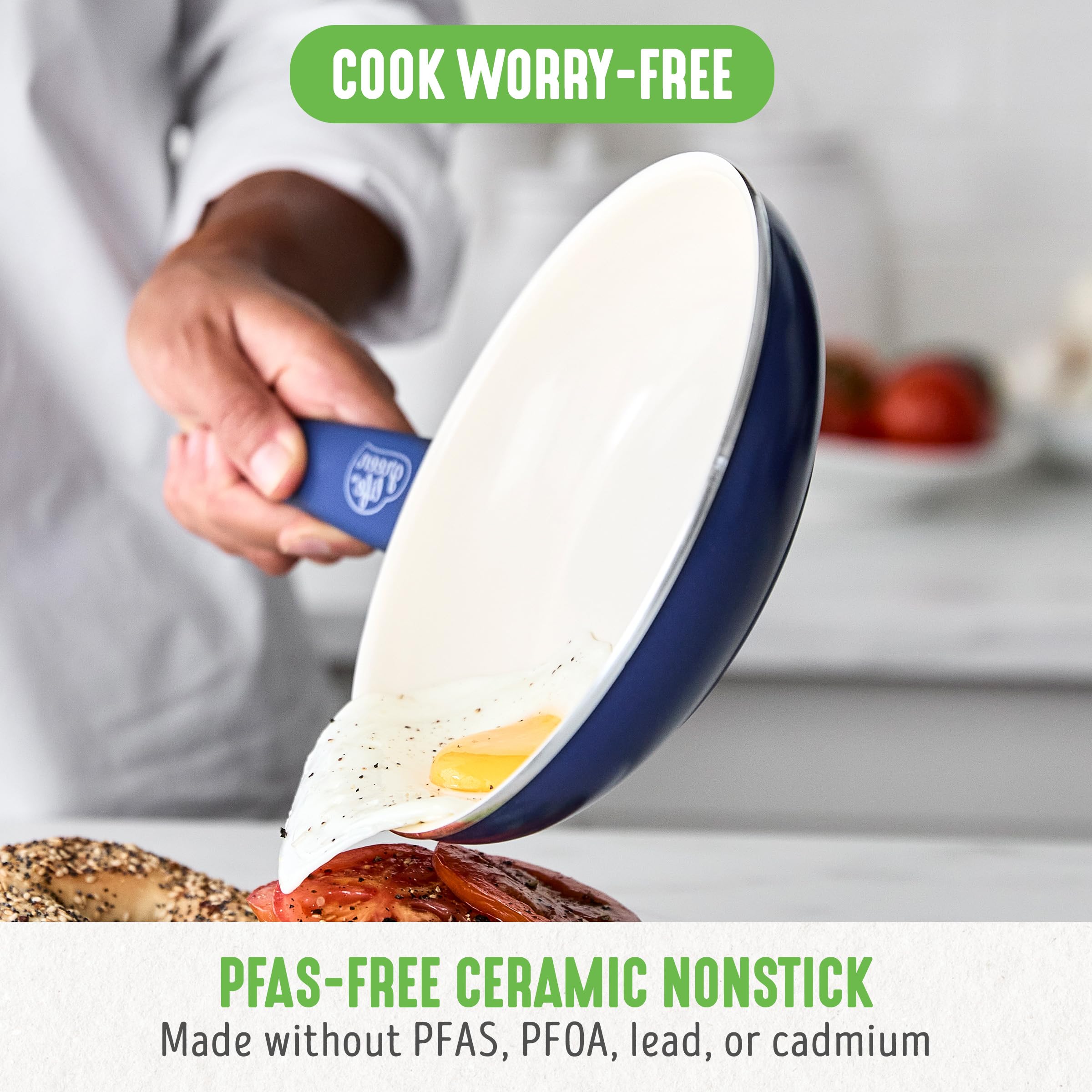 GreenLife 9.5-inch blue frypan top view highlighting nonstick surface for easy flipping