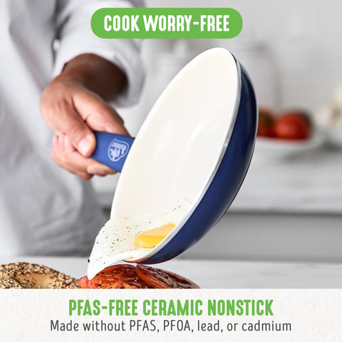 GreenLife 9.5-inch blue frypan top view highlighting nonstick surface for easy flipping