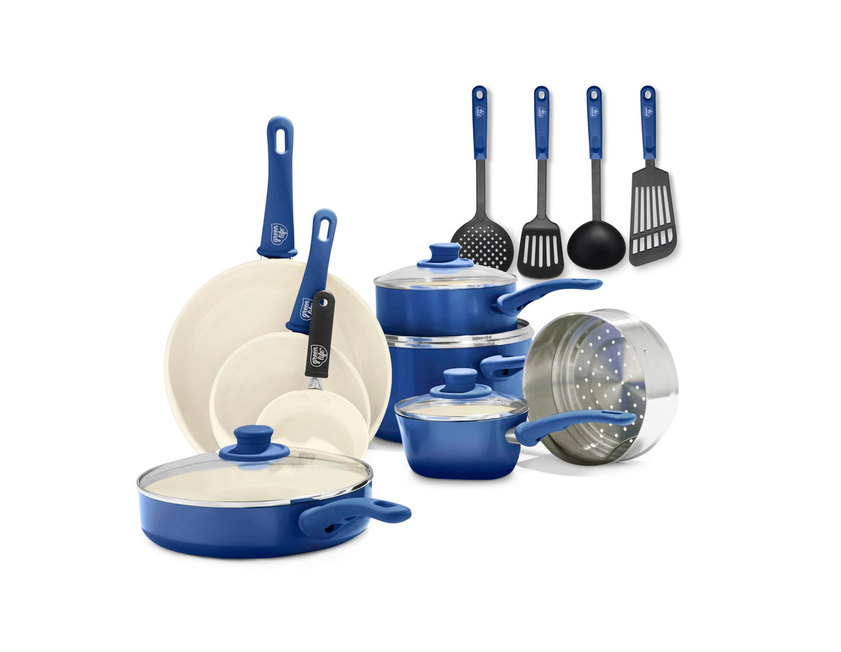 GreenLife front view of blue 16-piece set showing full contents and benefit of readiness