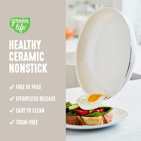 GreenLife cream frypan interior close-up showing ceramic nonstick for easy release