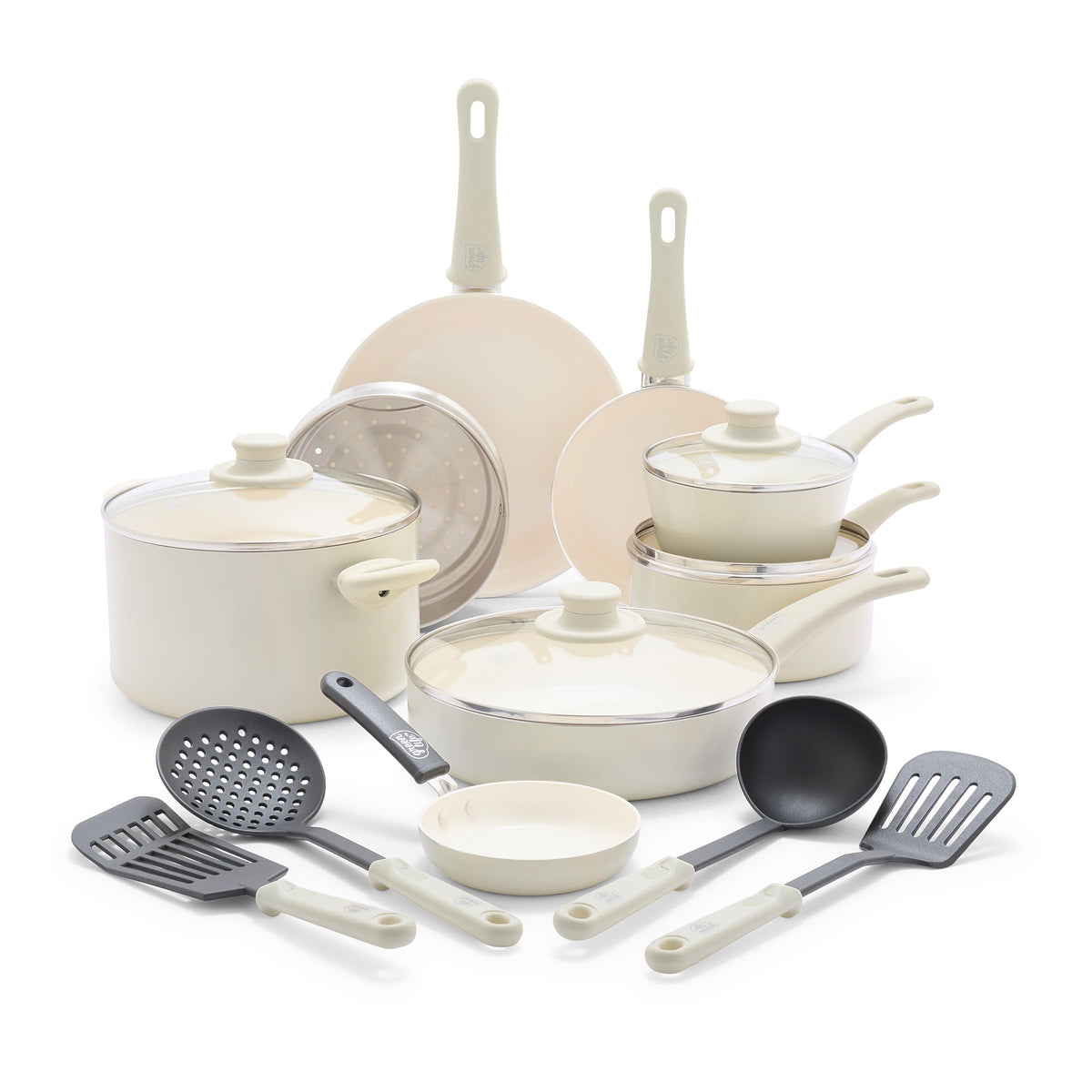 GreenLife full 16-piece cream cookware set shown on counter, complete kitchen solution