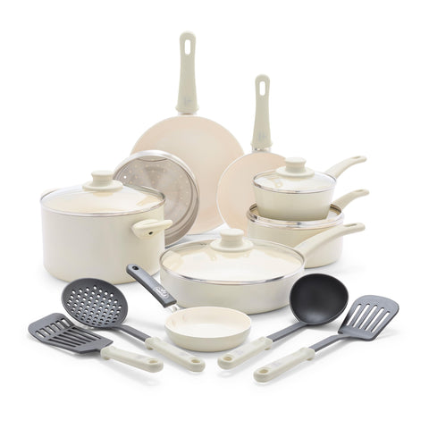 GreenLife full 16-piece cream cookware set shown on counter, complete kitchen solution