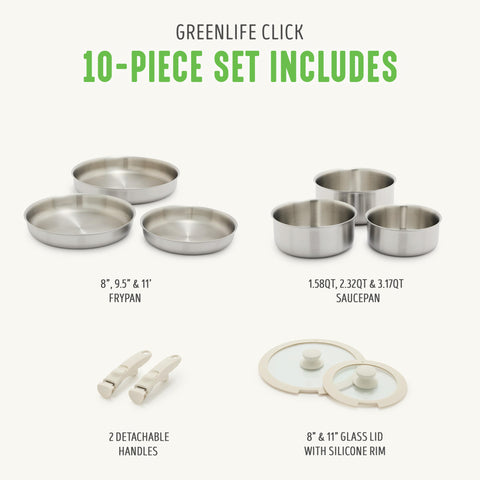 GreenLife pan with detachable handle clicked on, demonstrating secure grip for cooking
