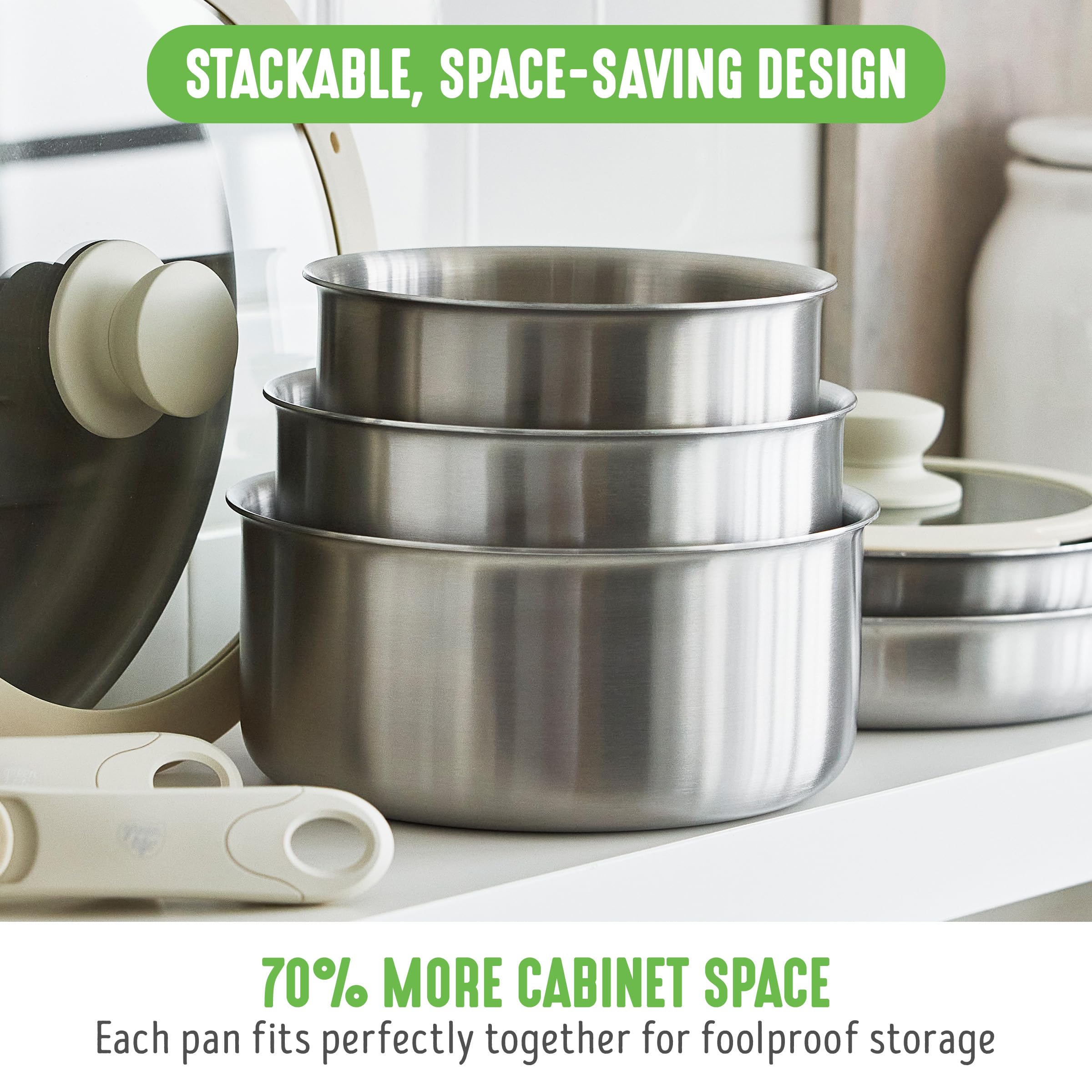 GreenLife stacked pans with handle removed, illustrating space-saving storage