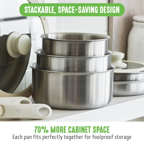 GreenLife stacked pans with handle removed, illustrating space-saving storage