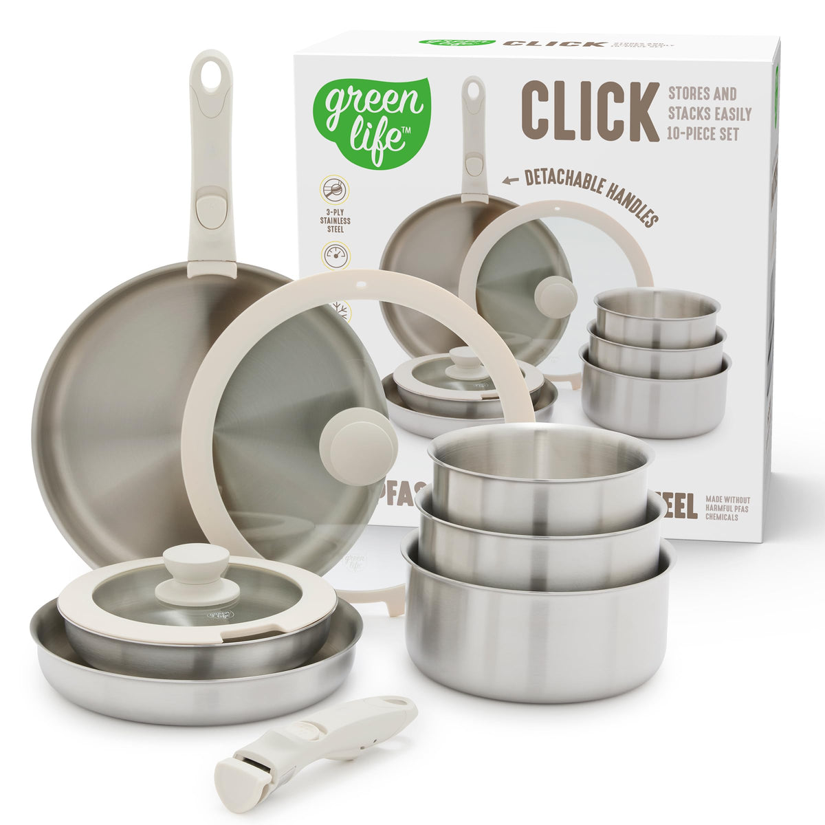 GreenLife front view of set showing all included pieces and benefits of compact storage