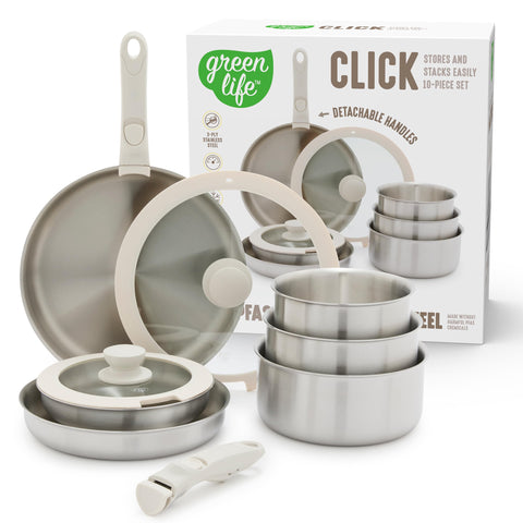 GreenLife front view of set showing all included pieces and benefits of compact storage