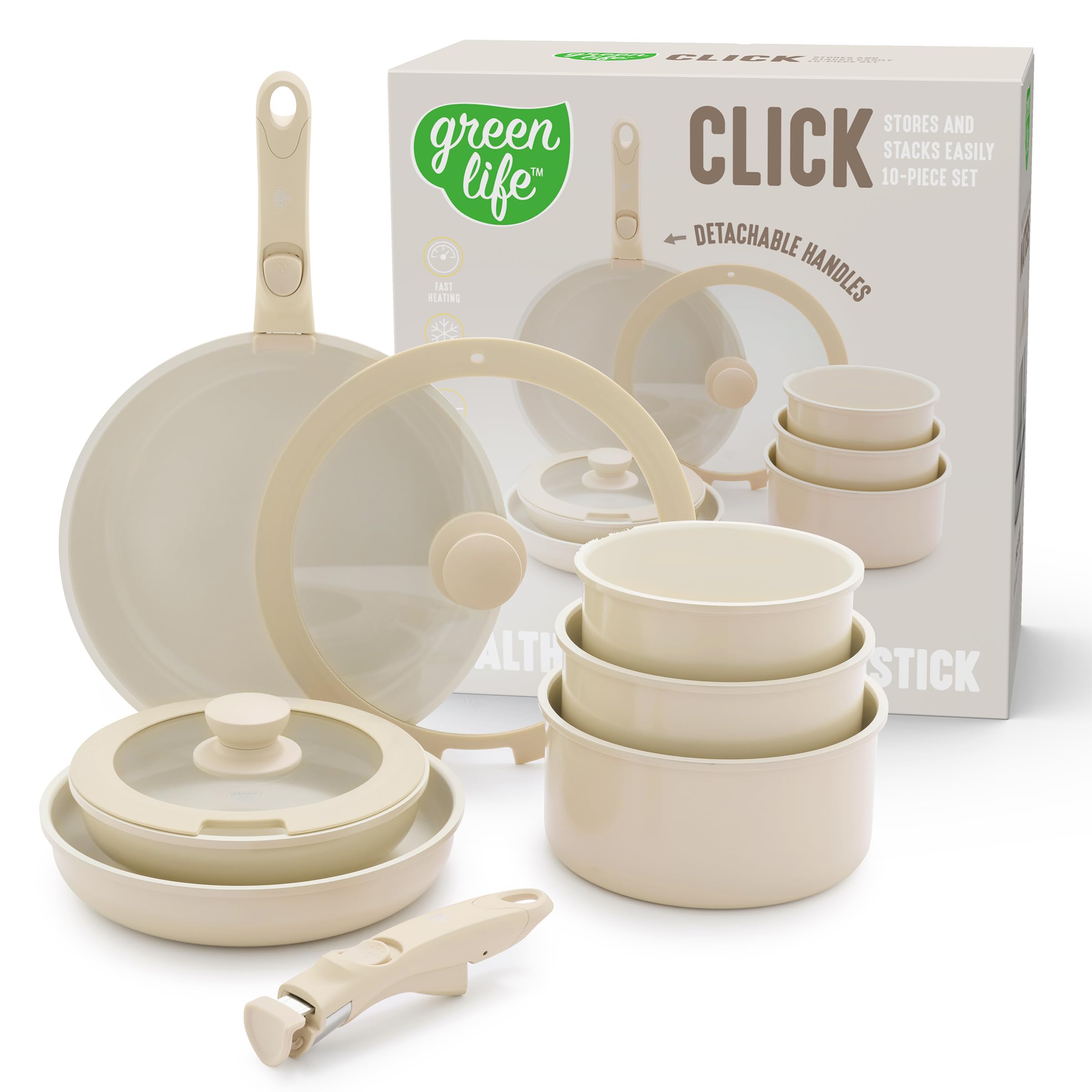 GreenLife front view of speckled cream set showing compact, stylish cookware and storage benefit