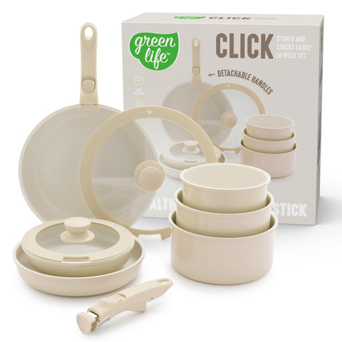 GreenLife front view of speckled cream set showing compact, stylish cookware and storage benefit