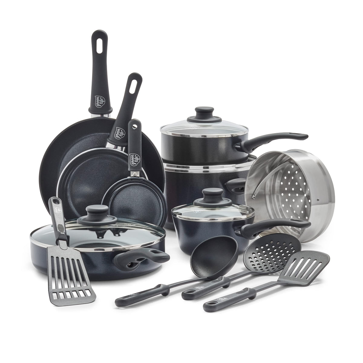 GreenLife front view of full 16-piece set showing complete contents and convenience