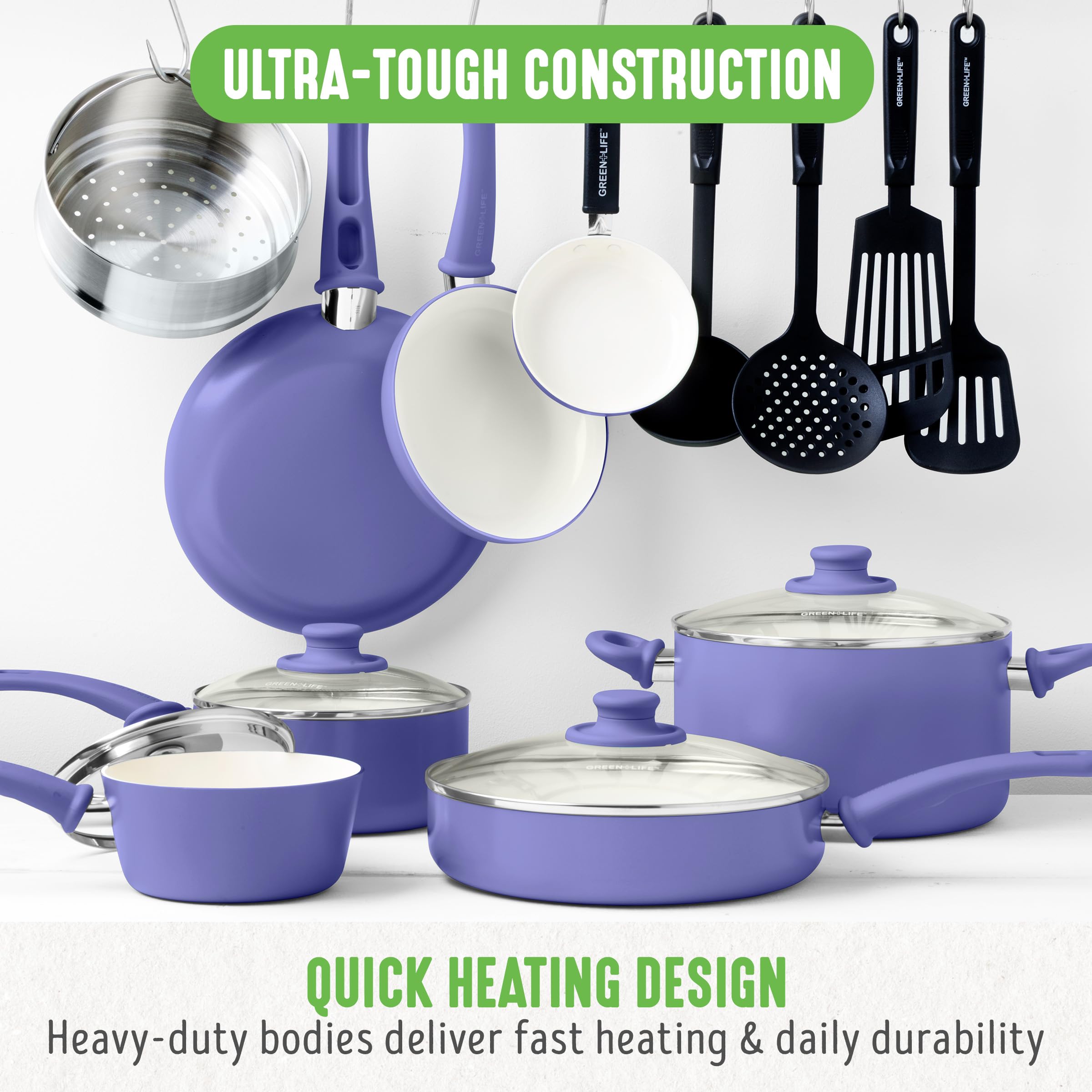 GreenLife full 16-piece set arranged to show included pans lids and utensils