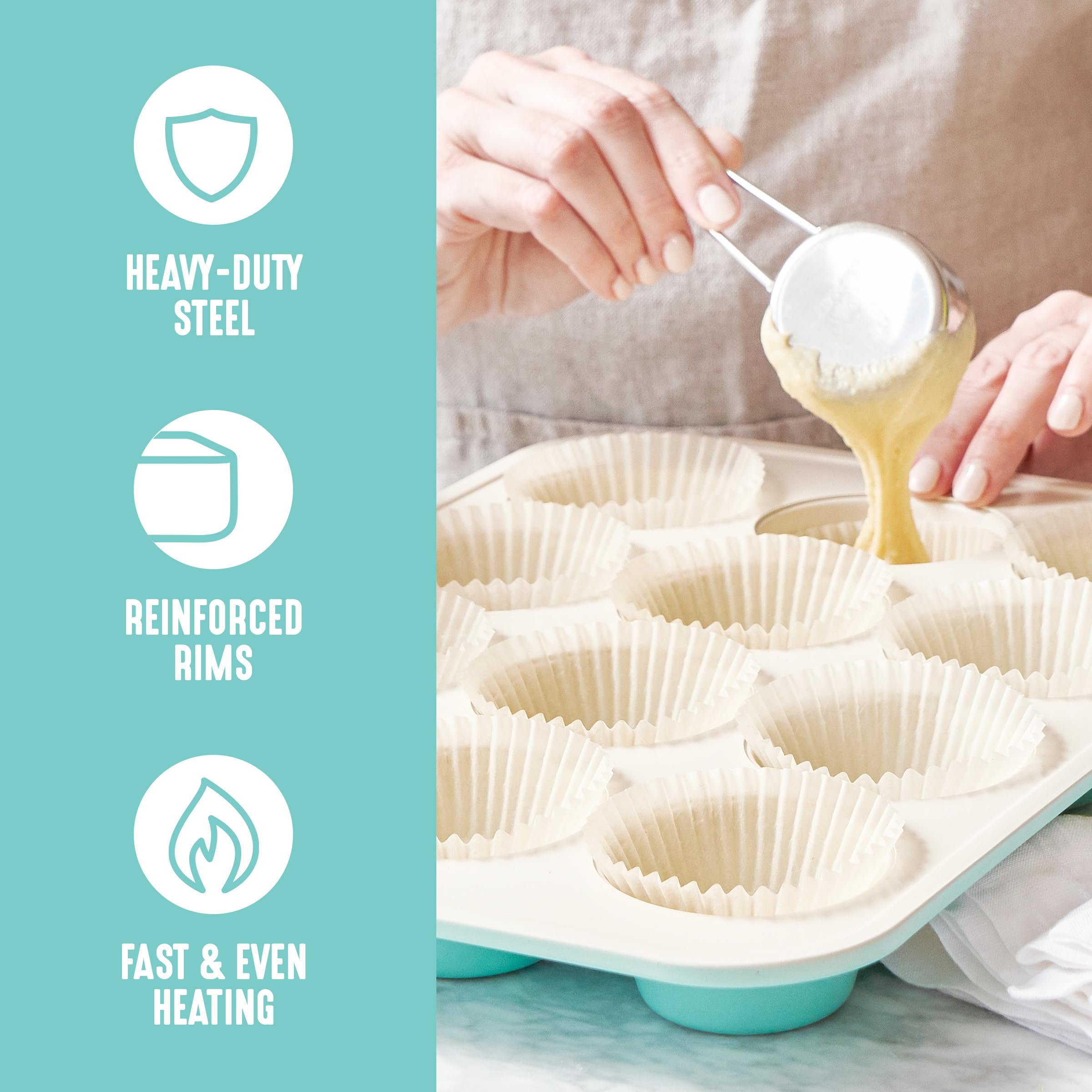 greenlife pan filled with cupcakes demonstrating consistent baking benefit