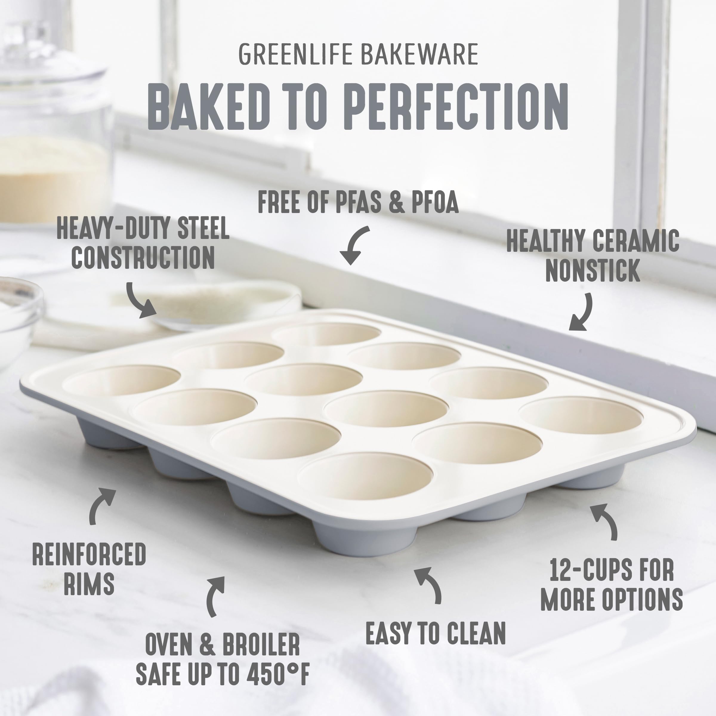 GreenLife pan with cups filled with batter ready to bake for consistent results