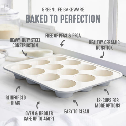 GreenLife pan with cups filled with batter ready to bake for consistent results
