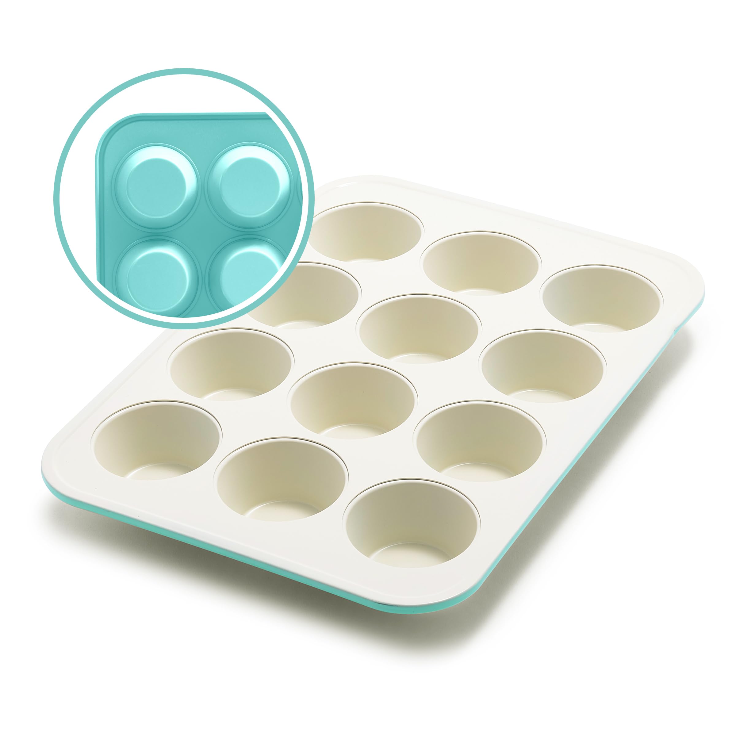greenlife front view turquoise pan showing 12 cups and vibrant color benefit