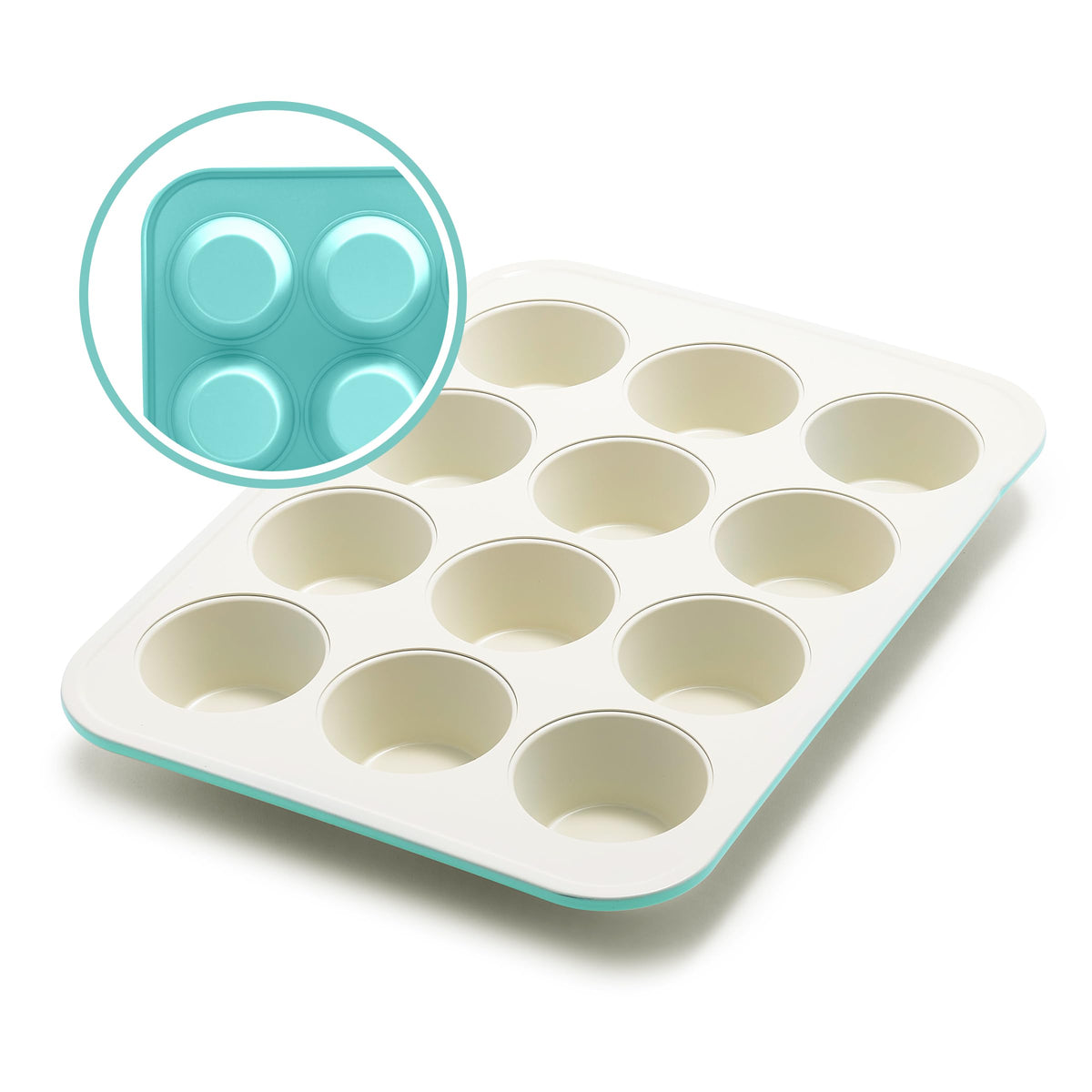 greenlife front view turquoise pan showing 12 cups and vibrant color benefit
