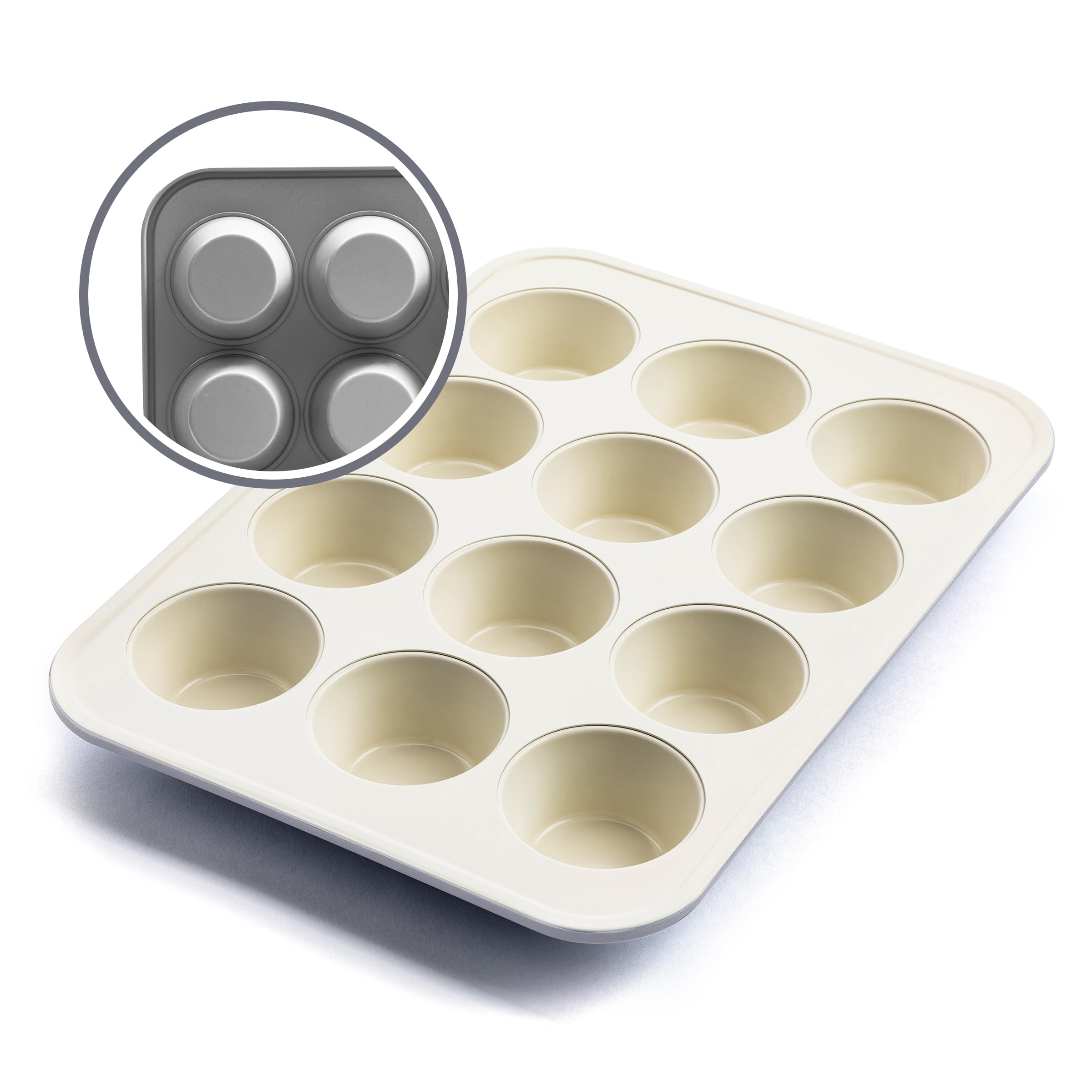 GreenLife muffin pan front view showing 12 cups and gray finish with even baking benefit