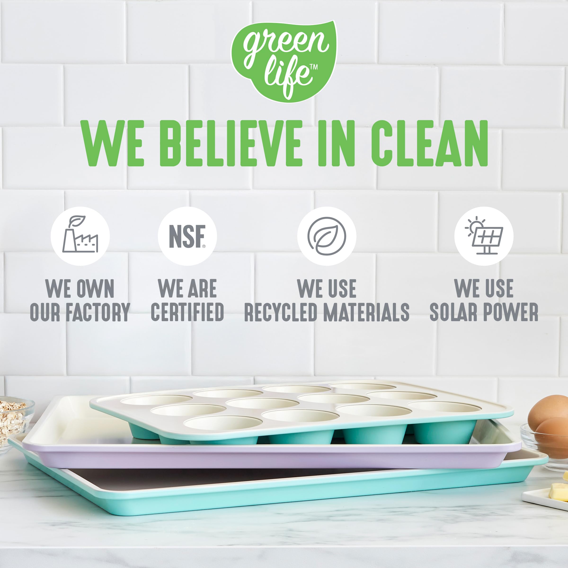 GreenLife muffin pan on kitchen counter styled with ingredients for inviting baking