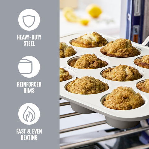 GreenLife pan removed from oven with golden muffins demonstrating easy pop-out